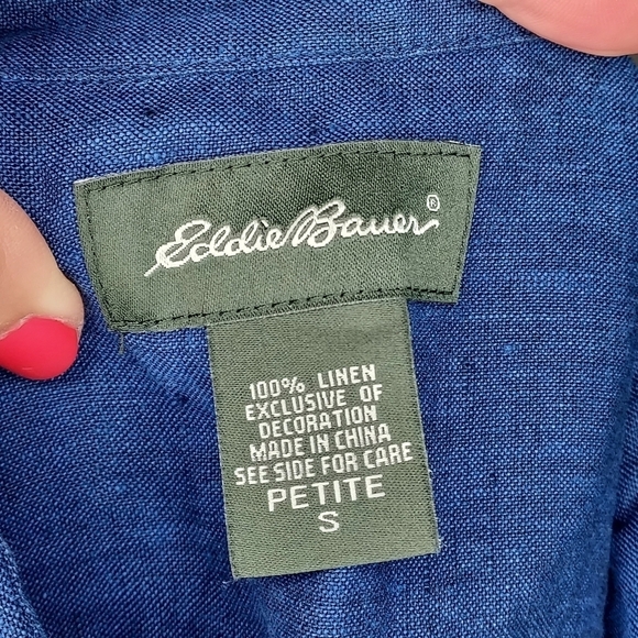 Eddie Bauer shirt linen sleeveless collar button up crochet detail navy blue SP - Picture 5 of 10